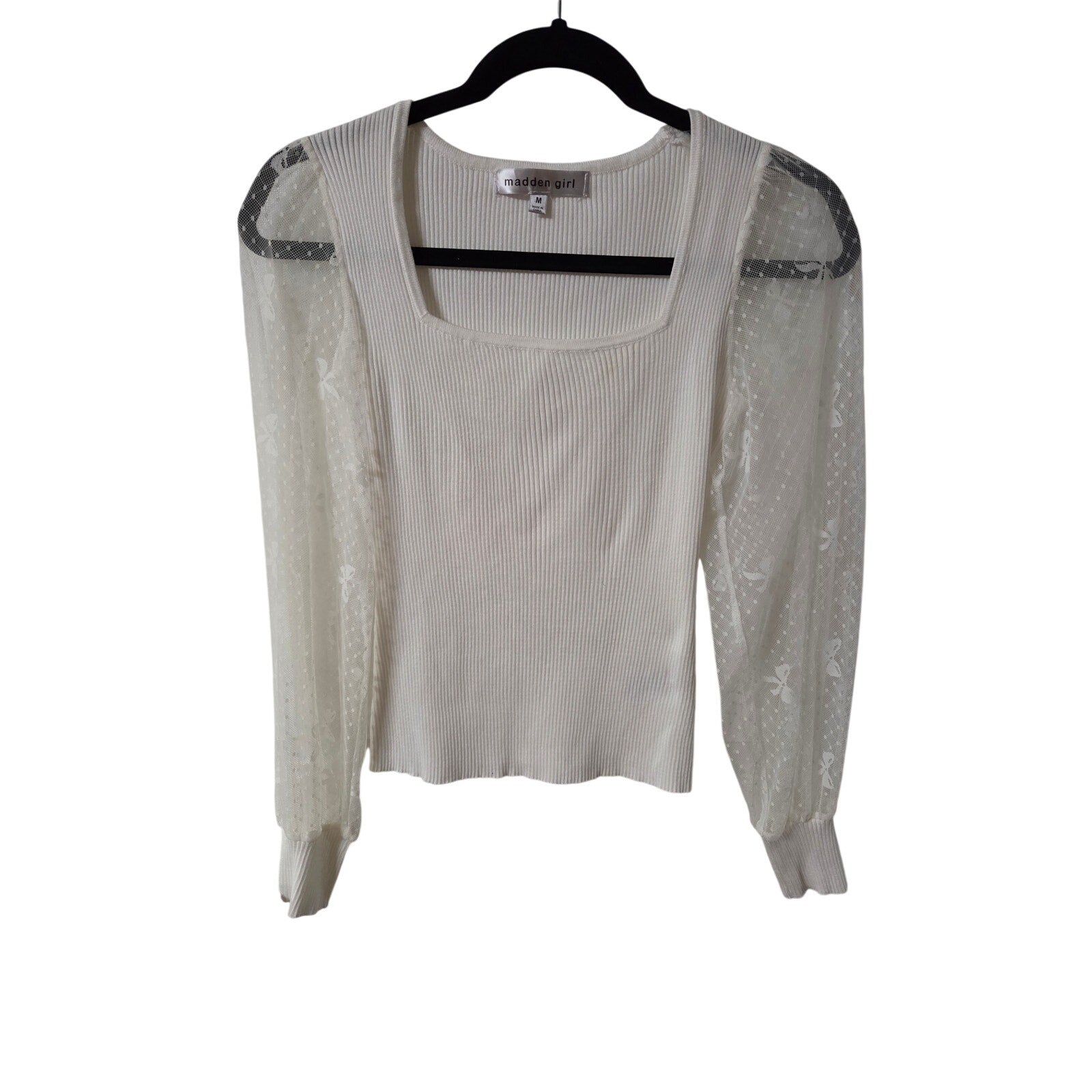 Madden Girl Square Neck Ribbed Top with Mesh Sleeves Size M