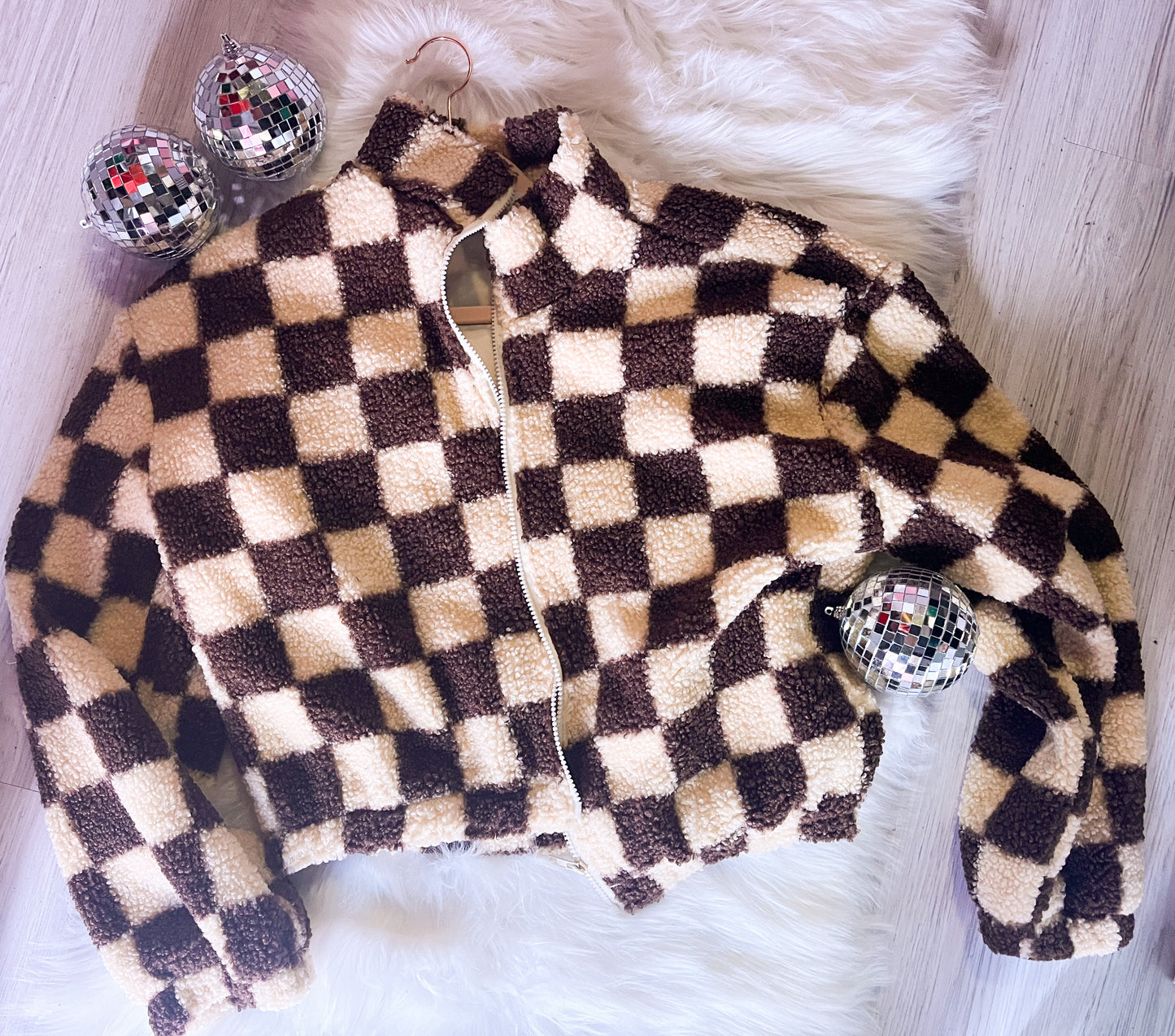 Checkered Cropped Hooded Sherpa