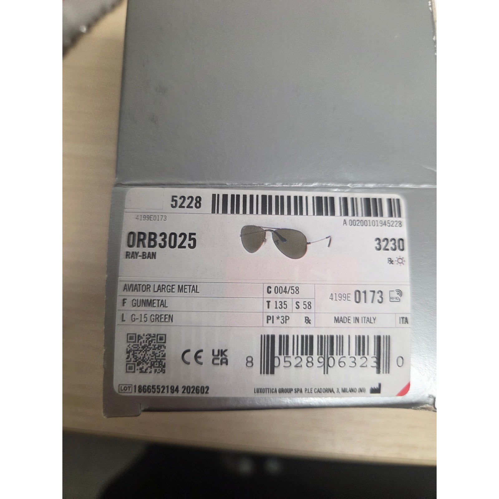 NIB Ray-Ban RB3025 004/58 Aviator Classic Gunmetal, Polorized Green Classic G-15
