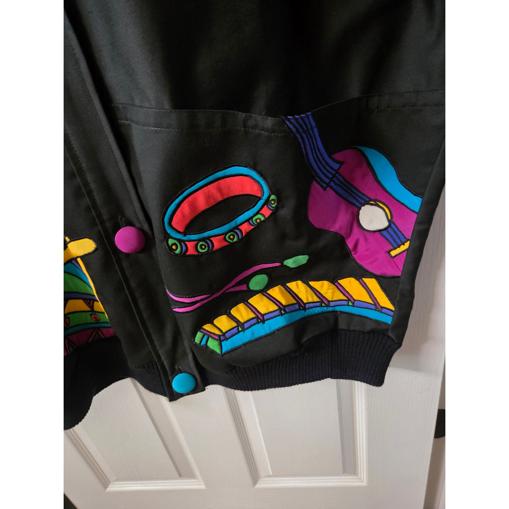 Rare Vintage Silk Scapes "Jazz" Themed Silk Applique Jacket One Size Fits All