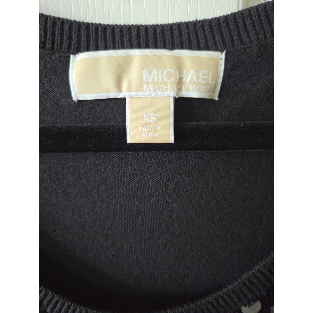 Michael Kors Black Sequined Knit Party Dress with Ribbed Trim Women's Size XS