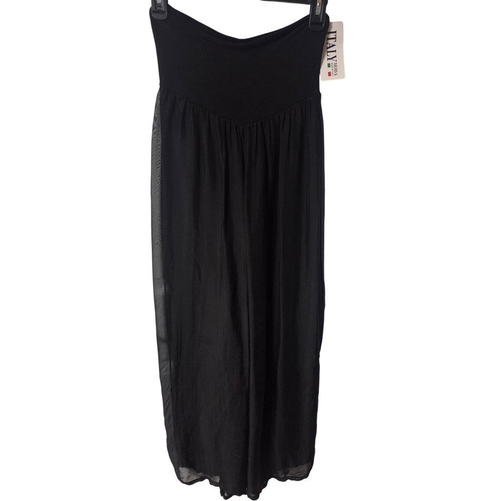 NWT Moda Italy Elastic waist Band Wide Leg Silk Beach Pants in Black Size S/M